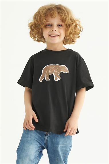 Bisiklet Yaka Kısa Kol Ayı Baskılı Siyah Renk Erkek Çocuk Tshirt
