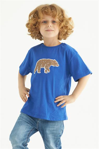 Bisiklet Yaka Kısa Kol Ayı Baskılı Saks Renk Erkek Çocuk Tshirt