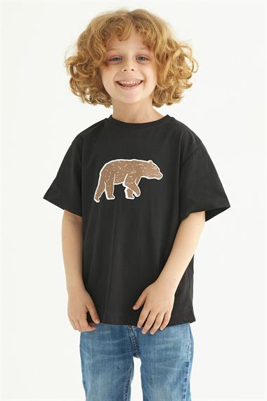 Bisiklet Yaka Kısa Kol Ayı Baskılı Siyah Renk Erkek Çocuk Tshirt