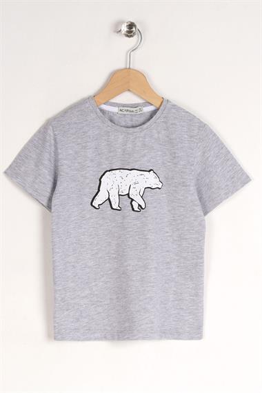 Bisiklet Yaka Kısa Kol Ayı Baskılı Gri Renk Erkek Çocuk Tshirt