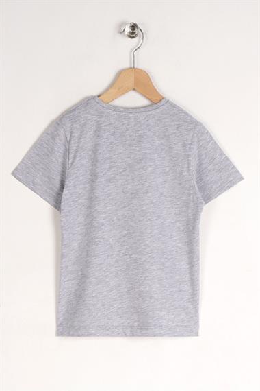 Bisiklet Yaka Kısa Kol Ayı Baskılı Gri Renk Erkek Çocuk Tshirt