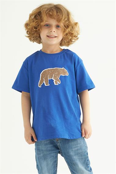 Bisiklet Yaka Kısa Kol Ayı Baskılı Saks Renk Erkek Çocuk Tshirt