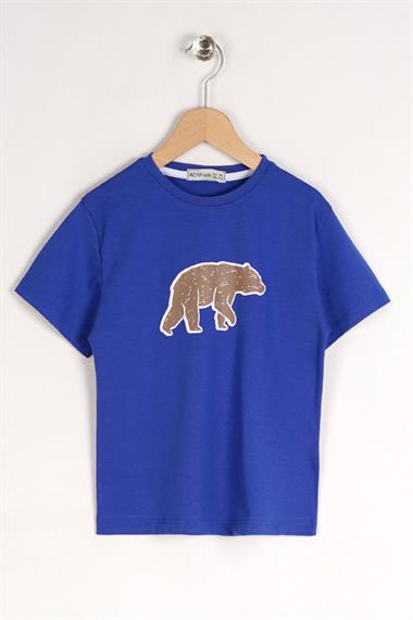 Bisiklet Yaka Kısa Kol Ayı Baskılı Saks Renk Erkek Çocuk Tshirt