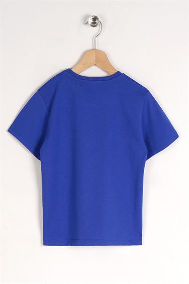 Bisiklet Yaka Kısa Kol Ayı Baskılı Saks Renk Erkek Çocuk Tshirt