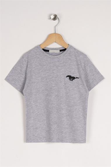 Bisiklet Yaka Kısa Kol Baskılı Gri Renk Erkek Çocuk Tshirt