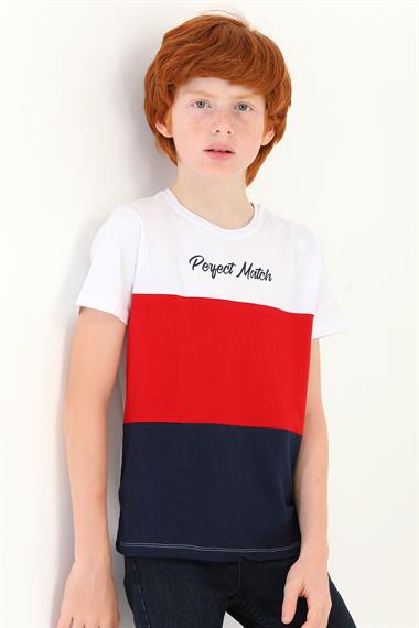 Bisiklet Yaka Kısa Kol Perfect Match Baskı Parçalı Beyaz Lacivert Renk Erkek Çocuk Tshirt
