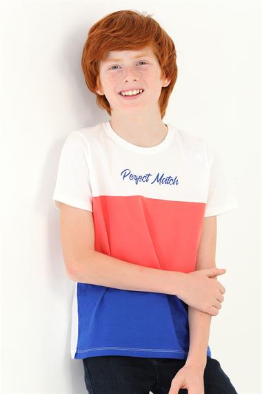 Bisiklet Yaka Kısa Kol Perfect Match Baskı Parçalı Ekru Saks Renk Erkek Çocuk Tshirt