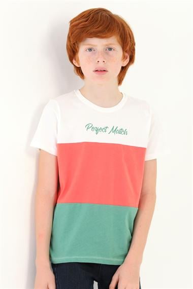 Bisiklet Yaka Kısa Kol Perfect Match Baskı Parçalı Ekru Çağla Renk Erkek Çocuk Tshirt