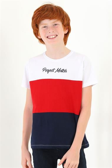 Bisiklet Yaka Kısa Kol Perfect Match Baskı Parçalı Beyaz Lacivert Renk Erkek Çocuk Tshirt