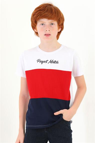 Bisiklet Yaka Kısa Kol Perfect Match Baskı Parçalı Beyaz Lacivert Renk Erkek Çocuk Tshirt