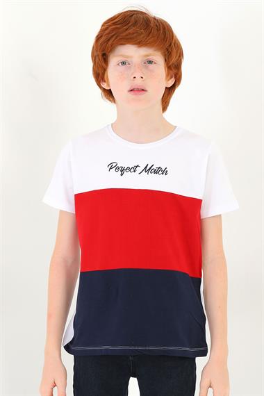 Bisiklet Yaka Kısa Kol Perfect Match Baskı Parçalı Beyaz Lacivert Renk Erkek Çocuk Tshirt