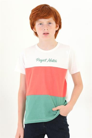 Bisiklet Yaka Kısa Kol Perfect Match Baskı Parçalı Ekru Çağla Renk Erkek Çocuk Tshirt