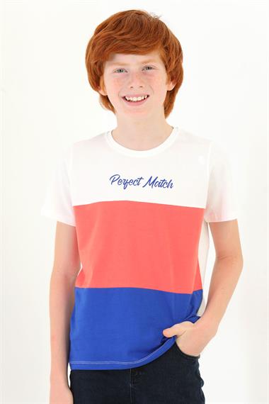 Bisiklet Yaka Kısa Kol Perfect Match Baskı Parçalı Ekru Saks Renk Erkek Çocuk Tshirt