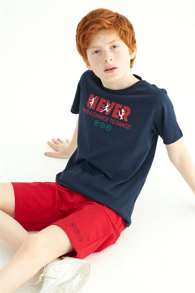 Bisiklet Yaka Kısa Kol Never Stop Smiling Baskılı Lacivert Renk Erkek Çocuk Kaprili Takım