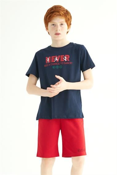 Bisiklet Yaka Kısa Kol Never Stop Smiling Baskılı Lacivert Renk Erkek Çocuk Kaprili Takım