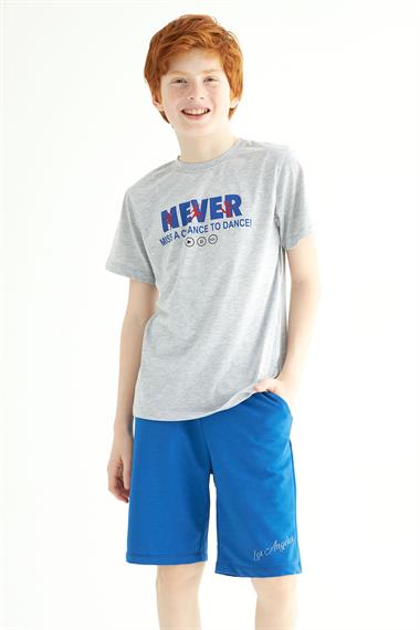 Bisiklet Yaka Kısa Kol Never Stop Smiling Baskılı Gri Melanj Renk Erkek Çocuk Kaprili Takım