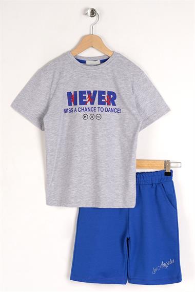 Bisiklet Yaka Kısa Kol Never Stop Smiling Baskılı Gri Melanj Renk Erkek Çocuk Kaprili Takım