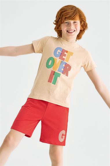 Bisiklet Yaka Kısa Kol Get Over It Baskılı Bej Renk Erkek Çocuk Kaprili Takım