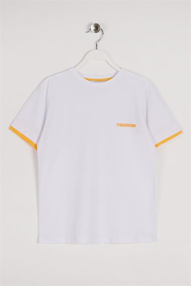 Bisiklet Yaka Kısa Kol Freedom Baskılı Beyaz Renk Erkek Çocuk Tshirt