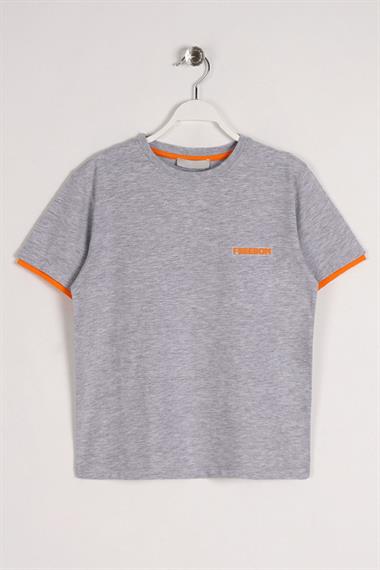 Bisiklet Yaka Kısa Kol Freedom Baskılı Gri Melanj Renk Erkek Çocuk Tshirt