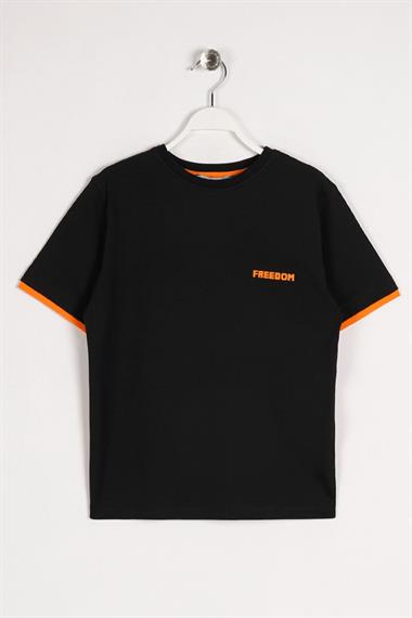Bisiklet Yaka Kısa Kol Freedom Baskılı Siyah Renk Erkek Çocuk Tshirt