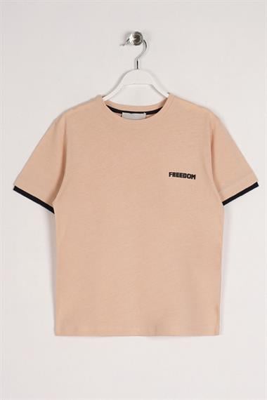 Bisiklet Yaka Kısa Kol Freedom Baskılı Bej Renk Erkek Çocuk Tshirt