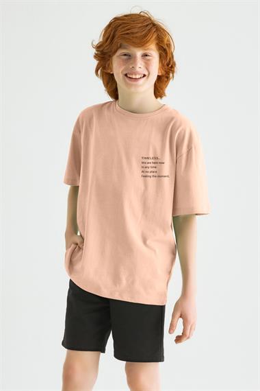 Bisiklet Yaka Kısa Kol Timeless Baskılı Bej Renk Erkek Çocuk Tshirt