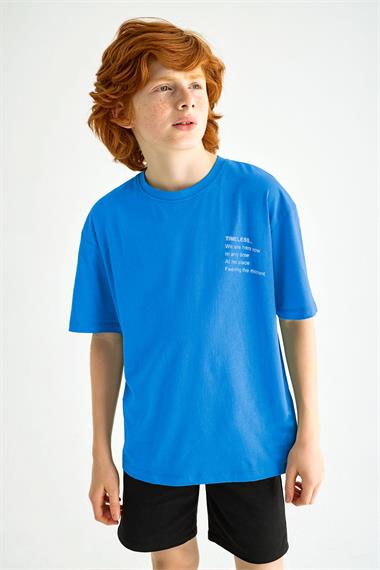Bisiklet Yaka Kısa Kol Timeless Baskılı Mavi Renk Erkek Çocuk Tshirt