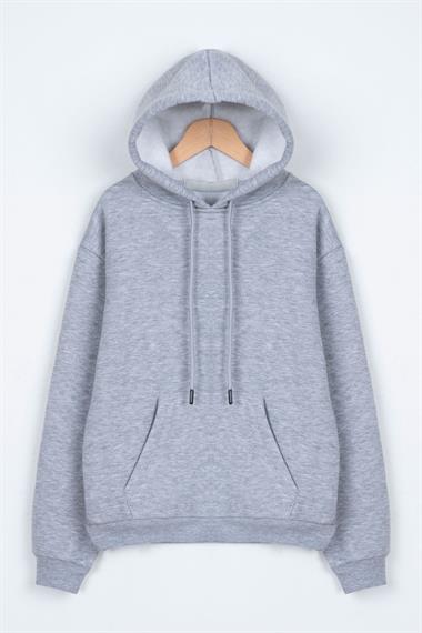 Kapüşonlu Uzun Kol Cepli Gri Renk Erkek Çocuk Sweatshirt