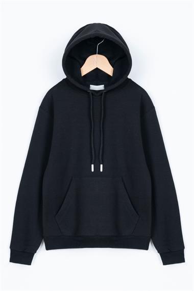 Kapüşonlu Uzun Kol Cepli Siyah Renk Erkek Çocuk Sweatshirt