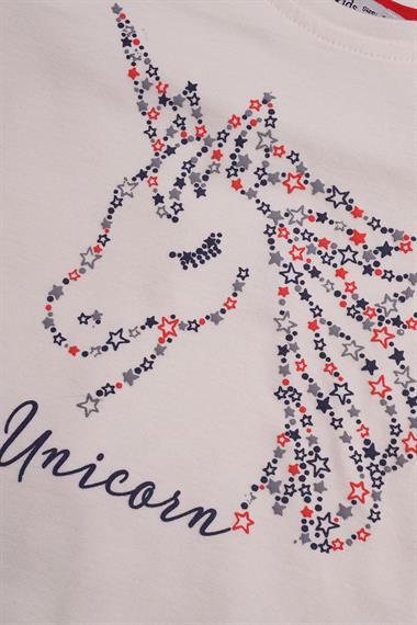 Bisiklet Yaka Yarım Kol Unicorn Ekru Kırmızı Renk Kız Çocuk Taytlı Takım