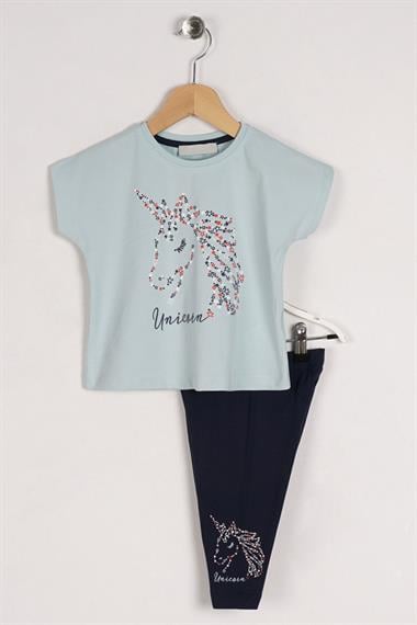 Bisiklet Yaka Yarım Kol Unicorn Mint Lacivert Renk Kız Çocuk Taytlı Takım