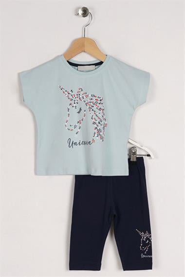 Bisiklet Yaka Yarım Kol Unicorn Mint Lacivert Renk Kız Çocuk Taytlı Takım