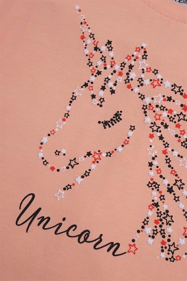 Bisiklet Yaka Yarım Kol Unicorn Somon Siyah Renk Kız Çocuk Taytlı Takım