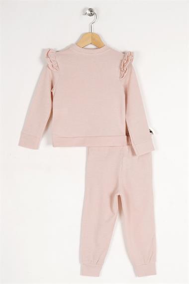 Bisiklet Yaka Uzun Kol Omuzları Fırfırlı Bej Renk Kız Çocuk İkili Takım