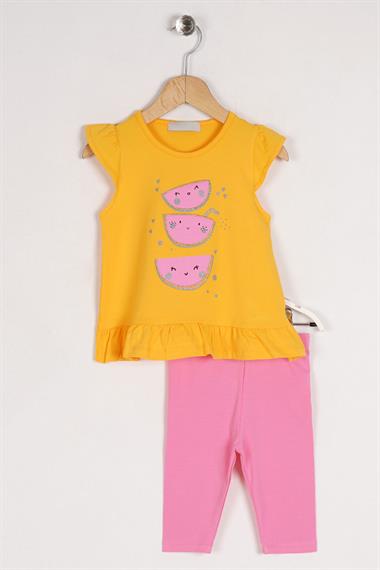 Bisiklet Yaka Kısa Kol Karpuz Baskılı Etegı Fırfırlı Sari Renk Kız Çocuk Taytlı Takım
