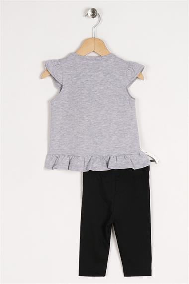 Bisiklet Yaka Kısa Kol Karpuz Baskılı Etegı Fırfırlı Gri Melanj Renk Kız Çocuk Taytlı Takım