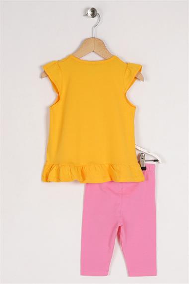 Bisiklet Yaka Kısa Kol Karpuz Baskılı Etegı Fırfırlı Sari Renk Kız Çocuk Taytlı Takım