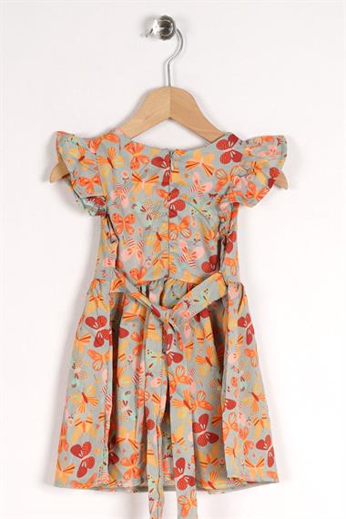 Kare Yaka Fırfır Kol Kelebek Desenli Beli Kuşaklı Çağla Yeşil Renk Kız Çocuk Elbise