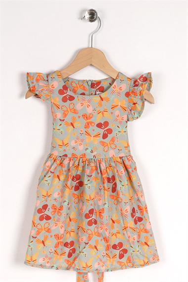 Kare Yaka Fırfır Kol Kelebek Desenli Beli Kuşaklı Çağla Yeşil Renk Kız Çocuk Elbise