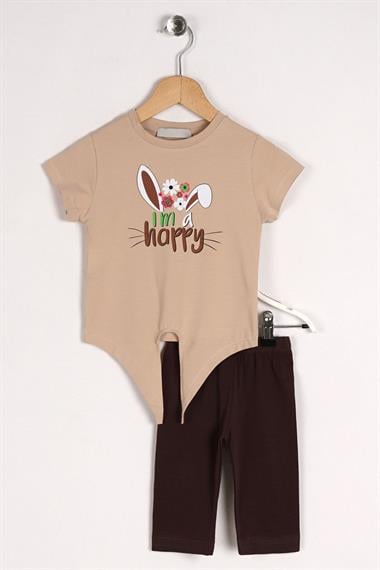 Bisiklet Yaka Kısa Kol I am a happy Yazı Baskılı Tavsan Kulaklı Bej Renk Kız Çocuk Taytlı Takım