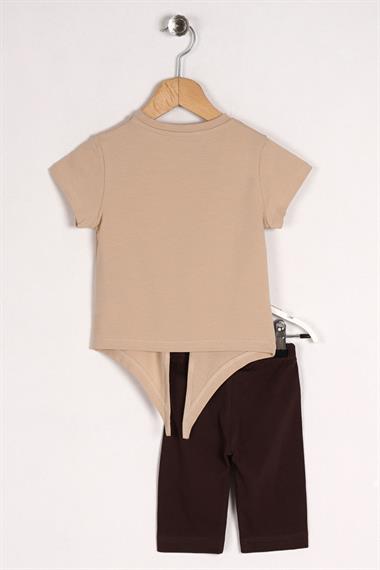 Bisiklet Yaka Kısa Kol I am a happy Yazı Baskılı Tavsan Kulaklı Bej Renk Kız Çocuk Taytlı Takım