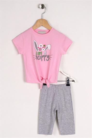 Bisiklet Yaka Kısa Kol I am a happy Yazı Baskılı Tavsan Kulaklı Pembe Renk Kız Çocuk Taytlı Takım