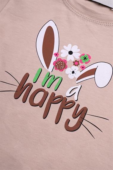 Bisiklet Yaka Kısa Kol I am a happy Yazı Baskılı Tavsan Kulaklı Bej Renk Kız Çocuk Taytlı Takım