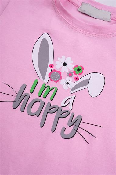 Bisiklet Yaka Kısa Kol I am a happy Yazı Baskılı Tavsan Kulaklı Pembe Renk Kız Çocuk Taytlı Takım