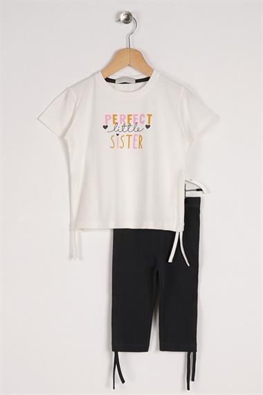 Bisiklet Yaka Kısa Kol Perfect Sister Baskılı Ekru Renk Kız Çocuk Taytlı Takım