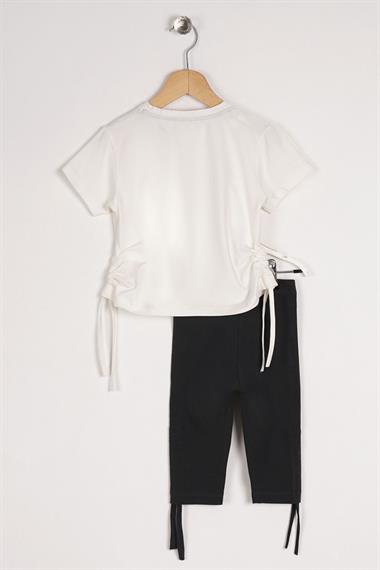 Bisiklet Yaka Kısa Kol Perfect Sister Baskılı Ekru Renk Kız Çocuk Taytlı Takım