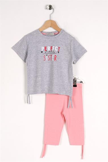Bisiklet Yaka Kısa Kol Perfect Sister Baskılı Gri Renk Kız Çocuk Taytlı Takım