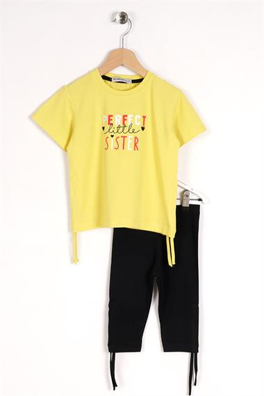 Bisiklet Yaka Kısa Kol Perfect Sister Baskılı Sarı Renk Kız Çocuk Taytlı Takım