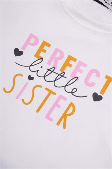 Bisiklet Yaka Kısa Kol Perfect Sister Baskılı Ekru Renk Kız Çocuk Taytlı Takım